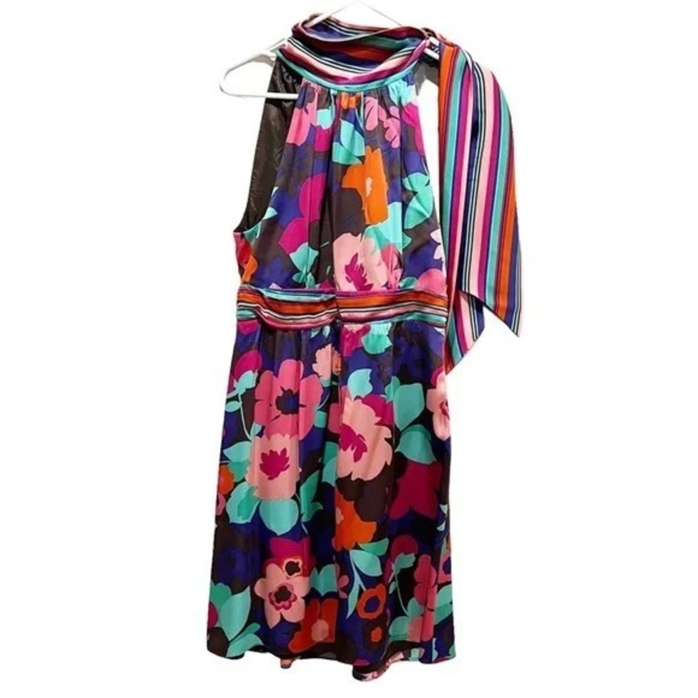 Shoshanna Silk Floral Halter Dress Colorful Striped Tie Neck Size 12